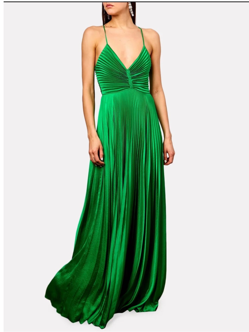 A.L.C. Aries Women’s Green Satin Racerback Spaghetti Strap Pleated Maxi Dress